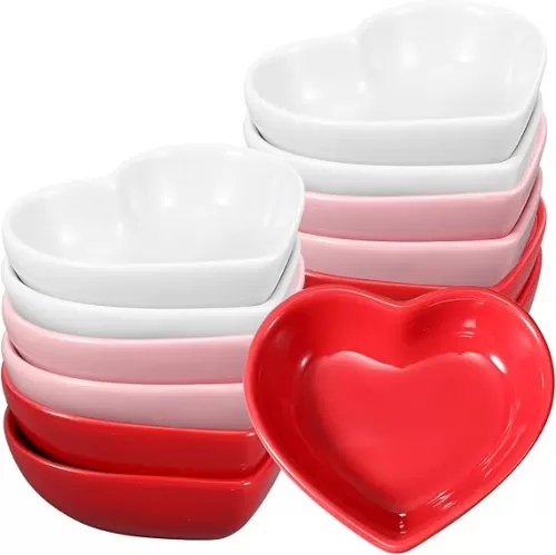12 Pcs Heart Shaped Bowls Ceramic Dip Bowl Plates Multipurpose Salad Appetizer Plates Gifts for Candy Sauce Sushi Dipping Serving Wedding Anniversary Valentine