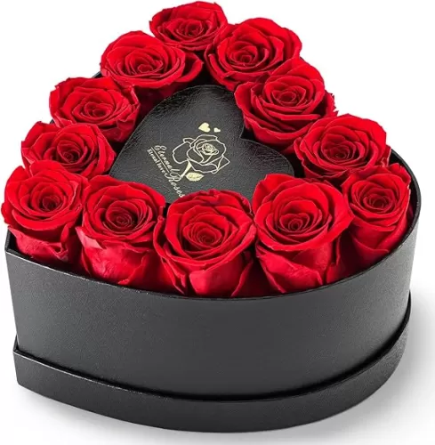 12 Red Forever Flower in a Heart-Shaped Gift Box - Long-Lasting Preserved Flowers Gift for Her, Ideal Romantic Gift for Wife in Valentine