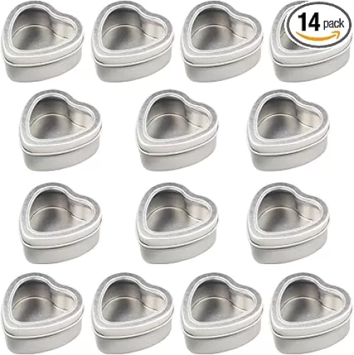 14-Pack 2oz Empty Heart Shaped Silver Metal Tins with Clear Window for Candle Making, Candies, Gifts & Treasures