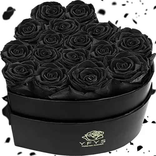16-Piece Forever Flowers Heart-Shaped Box – Real Immortal Preserved Roses Lasting a Year, Perfect for Birthday, Girlfriend, Mother, or Wife, Valentine Day Gift for Her - Black