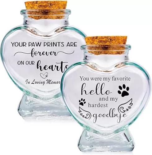 2 Pieces Pet Memorial Urns Sand Keepsake Jar Heart Shaped Glass Urns for Ashes or Hair Teeth Keepsake Loss of Pet Sympathy Gift
