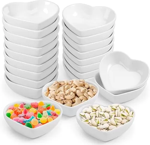 24 Pack Soy Sauce Dishes, White Heart Shaped Dip Bowls, 1.5 Oz Porcelain Sauce Dish, Seasoning Dishes, Multipurpose Ceramic Sauce Dish, Sushi Dipping Bowl, Serving Bowls for Side Dishes(White)