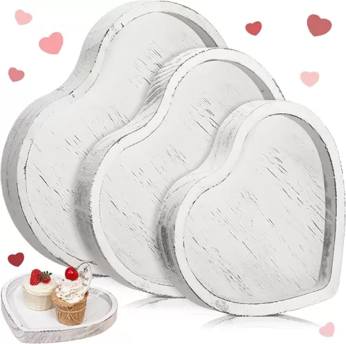 3 Pcs Valentine Heart Tray Wooden Shaped Decorative Tray for Home Rustic Table Decor Vintage Charcuterie Board for Packaged Food With Distressed White Finish, 3 Sizes