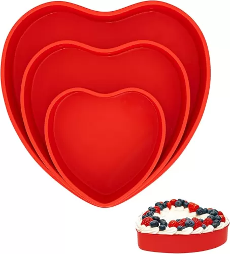 3 Pieces Silicone Heart Shaped Cake Pans 6" 8" 10" Heart Cake Pans Small Large Nonstick Heart Baking Pans Silicone Heart Cake Mold Reusable Layered Heart Cake Pan (Red)