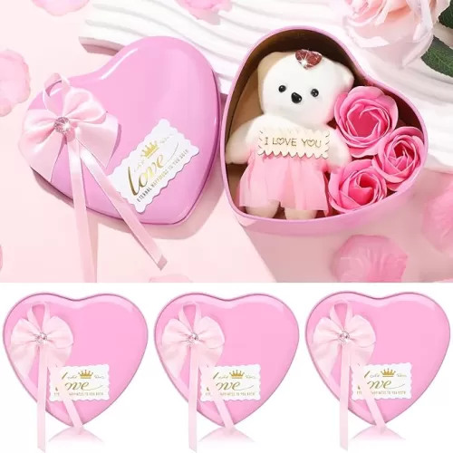 3 Sets Pink Rose Flower Gifts for Women Gifts for Her Bear with Artificial Rose in Heart Shape Gift Box Mom Wife Birthday Anniversary Mother