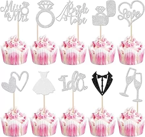 30 PCS Bride to Be Cupcake Toppers Glitter Wedding Cupcake Decorations I Do Love Heart Ring Miss to Mrs Cupcake Picks for Wedding Engagement Bridal Shower Party Cake Decorations Supplies Silver