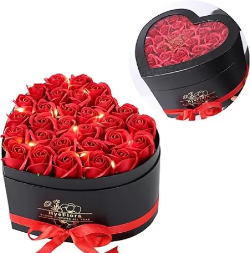 30pcs Artificial Red Roses in a Heart Shape Box, Fake Roses Artificial Flowers Forever Roses Gifts Box for Her Wife Girlfriends for Mom Women Grandma Birthday