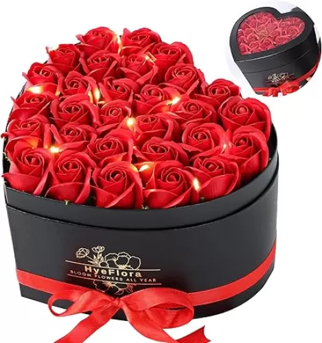30pcs Fake Red Roses in a Heart Shape Box, Fake Roses Artificial Flowers Forever Roses Gifts Box for Her Wife Girlfriends for Mom Women Grandma Birthday