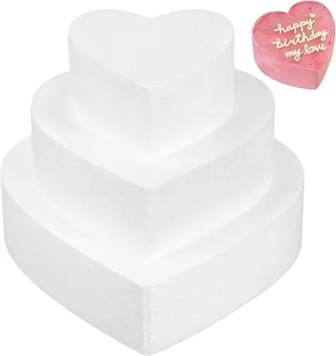 3pcs Foam Cake Heart Shaped Fake Model Polystyrene Embryo Doll Cake Modeling Ornament for Cake Decorating Wedding Display, 3set of 4"+6"+8"