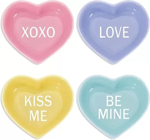 4 Heart Shaped Ceramic Bowls in Pink, Blue, Yellow & Purple with Love Kisses Style for Valentine's Day