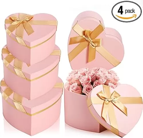 4 Pcs Heart Shaped Gift Box with Lid for Flower Arrangement Large Present Gift Box for Wedding Birthday Graduation Mothers day Anniversary Party(Classic, Pink)