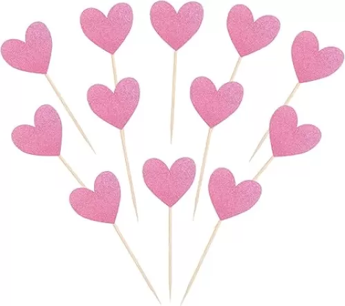 40 Pack Pink Heart Cupcake Toppers Glitter Sweet Love Heart Wedding Engagement Cupcake Picks for Valentine's Day Theme Bridal Baby Shower Birthday Party Cake Decorations Supplies