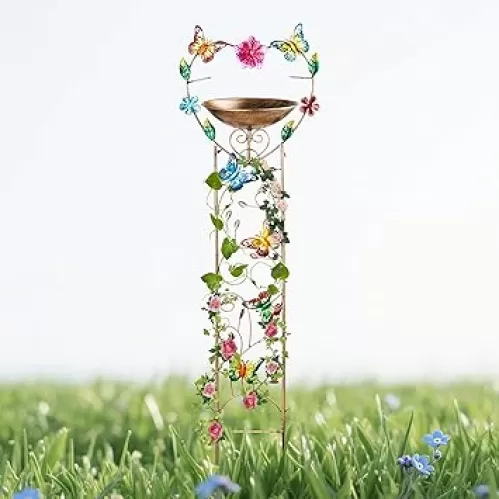 44" Height Bird Bath with Trellis for Climbing Plants Outside, Metal Antique Butterfly Heart Garden Plant Trellis with Detachable Bird Bath Bowl & Fruits Plants Support, Garden Patio Decor