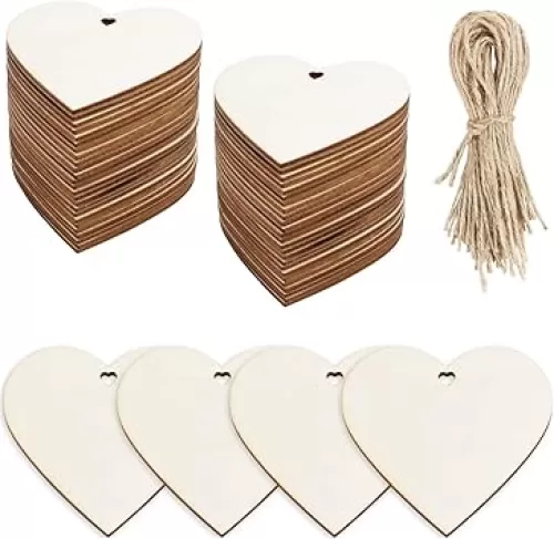 50 Pcs 3 Inch Natural Heart Wood Slices DIY Wooden Ornaments Unfinished Wooden Heart Embellishments with Natural Twine for Valentine's Day, Wedding, Thanksgiving, Home Decoration