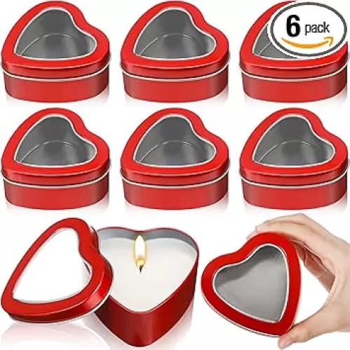 6 Pcs 6.5 oz Heart Shaped Metal Tins with Clear Window Lids, Mother's Day Metal Candle Tins Empty Heart Shaped Box for Candle Making, Candies, Gifts & Treasures(Red)