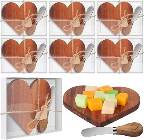 6 Sets Bridal Shower Favor Heart Cheese Charcuterie Board Knives Set with Wooden Heart Tags Serving Charcuterie Wood Board Bridal Shower Gift for Guest Wedding Birthday