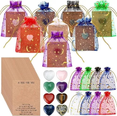 60 Sets Pocket Hug Token Bulk Hug Greeting Cards with Natural Heart Stone Relationship Gift Celebration of Life Exchange Card Gifts for Women Family Colleagues Distance Social Present