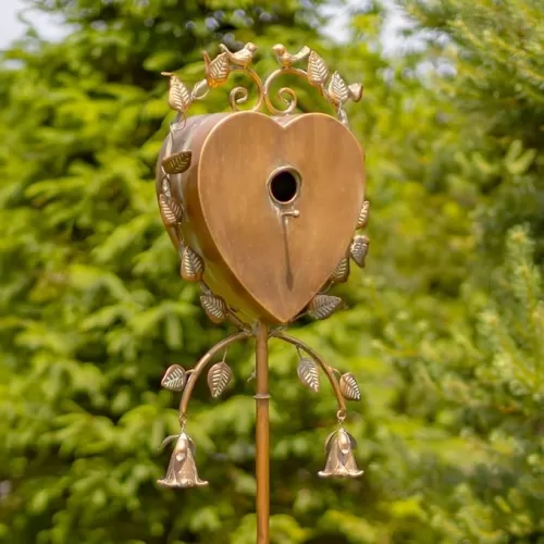 66" Tall Heart-Shaped Iron Birdhouse Garden Stake with Dangling Bells Sikha