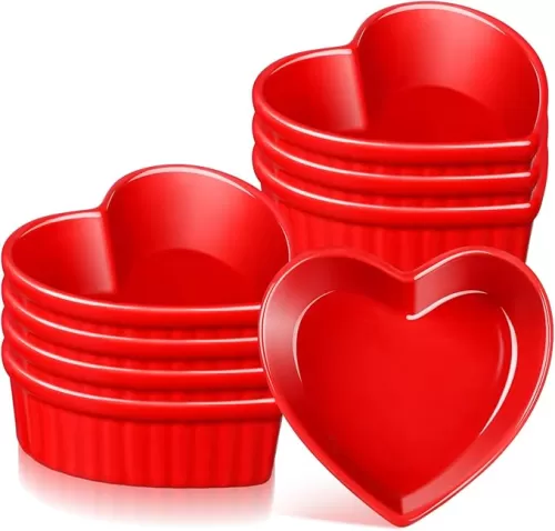 8 Pcs Heart Shaped Ramekin Creme Brulee Ramekins Oven Safe 3.54 x 3.54 x 1.57 Inch Heart Shaped Bowl Small Baking Ceramic Ramekins Dishes for Souffle Snacks Quiche Appetizers Sauces (Red)