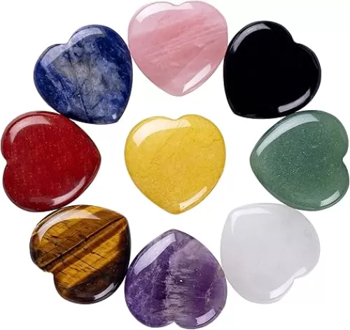9 Chakra Heart Stones Set 1" Natural Polished Puffy Healing Crystals Love Gemstone for Balancing Reiki Meditation Massage Energy Yoga and Decoration