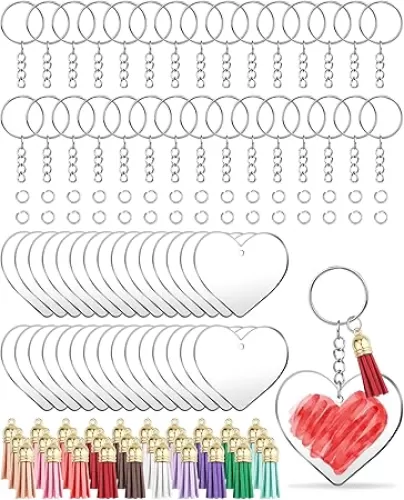 Acrylic Heart Keychain Blanks, 120 Pcs Clear Heart Keychains Kit with Acrylic Blanks, Key Rings, Tassels and Jump Rings for DIY Keychain Vinyl Crafting