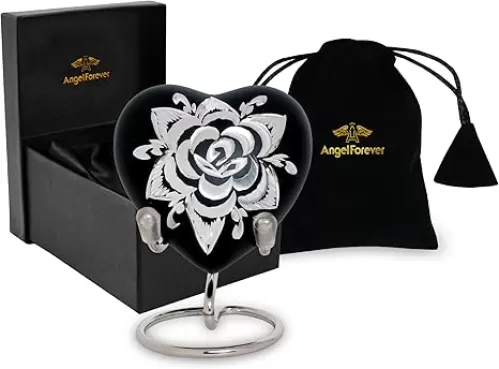 Angel Forever Rose Heart Urns for Human Ashes Adult Female & Male - Handcrafted Small Urn Heart Shaped Metallic - Funeral Rose Urn for Ashes Men & Women - Decorative Heart Urn Stand (Black, Small)