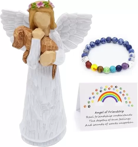 Angel of Friendship Pet Memorial Gift – Dog Remembrance Angel Figurine with 7 Chakra Rainbow Bridge Bracelet, Sympathy Gift for Loss of a Beloved Dog