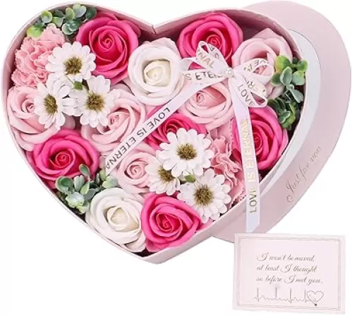 Artificial Soap Preserved Pink Roses in Heart Shape Box Real Like Floral Gift for Mom Women Wife Girlfriend on Birthday, Anniversary, Valentine’s Day, Mother’s Day