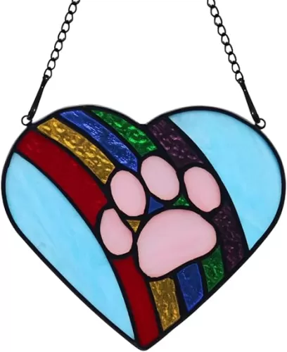 Artisan-Crafted Stained Glass Paw Memorial - Rainbow Bridge Remembrance Sun Catcher, Personalized Dog Memorial Gift for Bereaved Pet Owners (Heart-Shaped)