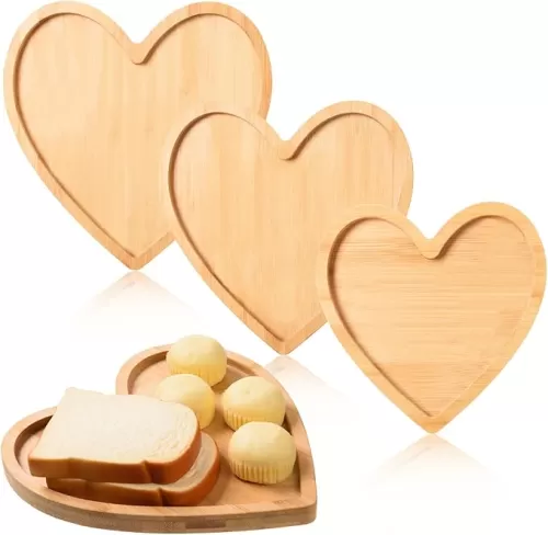 AWIZOM 3 Pcs Heart Shaped Wooden Serving Tray Valentine's Day Wood Serving Platters Bamboo Charcuterie Board Appetizer Snack Fruits Cheese Dish Plates for Housewarming Present(8.27", 11.02", 12.99")