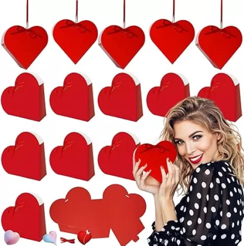 BASEMMAHER 15 Pcs Red Heart Treat Boxes Valentine's Day Love Heart Shaped Double-sided Candy Chocolate Baked Cookies Gift Folding Boxes for Wedding New Year Mother's Day Birthday Party Decor Supplies