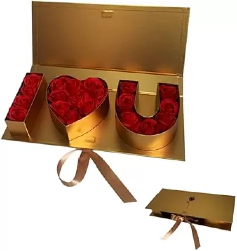 BBJ WRAPS Love U Letter Shaped Empty Flower Box Floral Packaging Fillable Chocolate Strawberry Packaging Cardboard Boxes, Valentine's Day, Birthday, Mother's Day, 18" x 7.7 "x 2.7" (Gold)