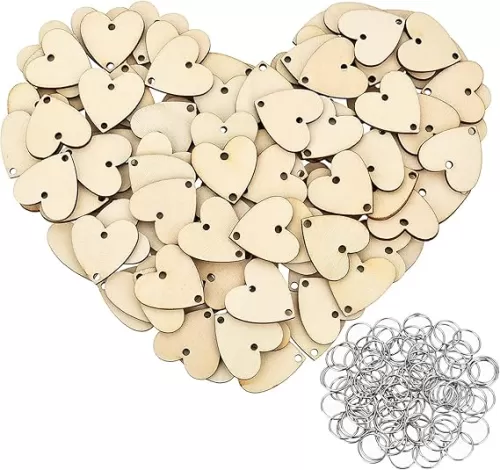 Bememo 200 Pieces in Total, Wooden Heart Tags with Holes and Rings, Family Birthday Plaque Tags Heart Shaped Wood Discs for Birthday Reminder Calendar Board Chore Boards Wedding DIY Crafts