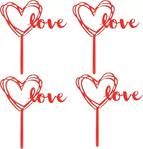 BinaryABC Red Love Heart Cake Toppers Cake Picks, Valentine Day Cake Decorations, Valentine's Day Wedding Engagement Party Supplies, 4Pcs