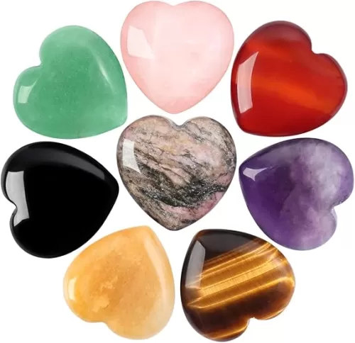 CASMON 8 Pcs Natural Mix Heart Love Stones (1 Inches), Puff Hearts Healing Palm Crystal Set with Gift Box for Chakra Reiki Home Décor