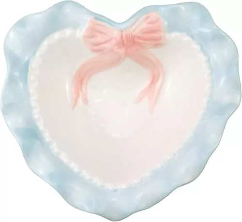 Ceramic Heart Shaped Cute Bow Soup Bowl Lovely Porcelain Dessert Bowl Pudding Bowl Fruit Salad Bowl (Blue)