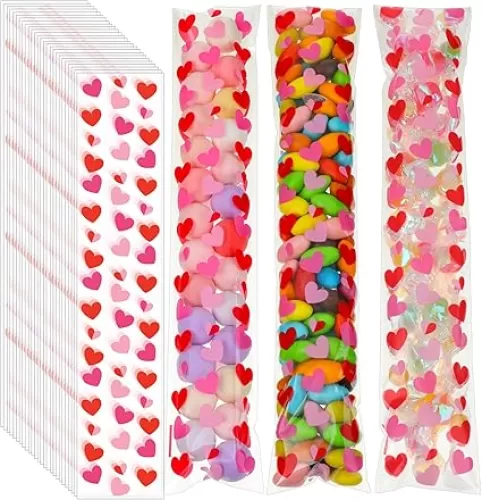 Chiisong 100 Pcs Valentine Cellophane Bags Red Heart Sealing Cellophane Bags 2 x 10 Inch Pretzel Rod Bags Cookie Bags Bulk Resealable Clear Treat Bags for Holiday Family Party Favor