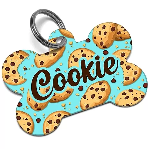 Chocolate Chip Cookie Pet ID Tags, Personlized Dog Tag For Dogs. Add Your Custom Text, Comes in Dog Bone and Heart Shapes (Large Bone)