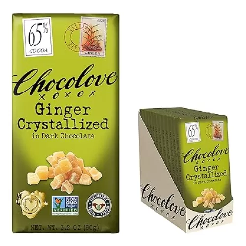 Chocolove Ginger Dark Chocolate Bars | 65% Cocoa | Infused with Crystalized Ginger Bits | Crafted with Premium Belgian Chocolate | Non GMO, Rainforest Alliance Certified, 3.2oz Bar (12 Pack)