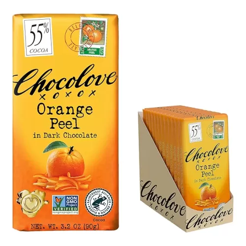Chocolove Orange Peel Dark Chocolate Bars | 55% Cocoa | Tangy Orange Peel Bits | Smooth & Sweet | Premium Belgian Dark Chocolate |Non GMO, Rainforest Alliance Certified, 3.2oz Bar (12 Pack)