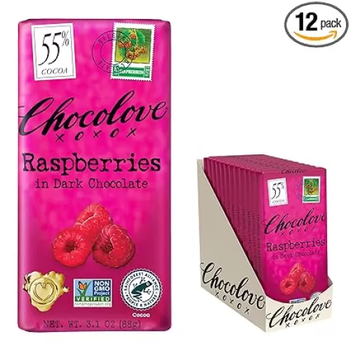 Chocolove Raspberries Dark Chocolate Bars | 55% Cocoa | Tangy Raspberry Bits | Smooth & Sweet | Premium Belgian Dark Chocolate | Non-GMO, 3.1 oz Bar (12 Pack)