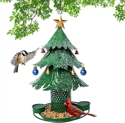 Christmas Tree Bird Feeders for Outdoor, Metal Hanging Outdoors, Wild Bird Feeders Cardinal as a Great Gift for Bird Lovers.Christmas Decorations