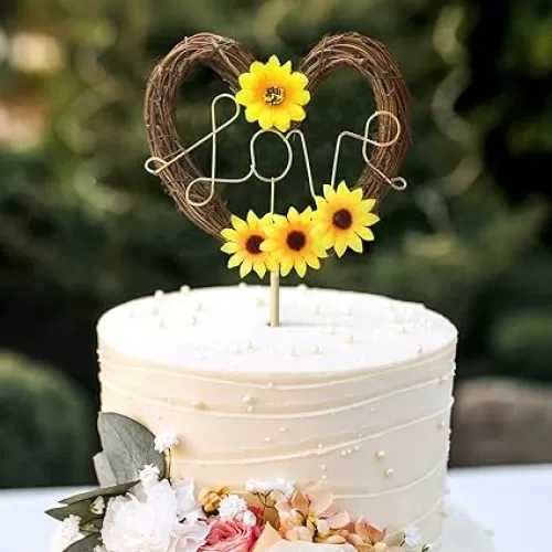 Chunful Wedding Cake Topper Love Cake Topper Rustic Heart Shaped Floral Vine Decoration Sign for Village Garden Weddings Bridal Shower Engagement Anniversary Party Decoration (Sunflower)