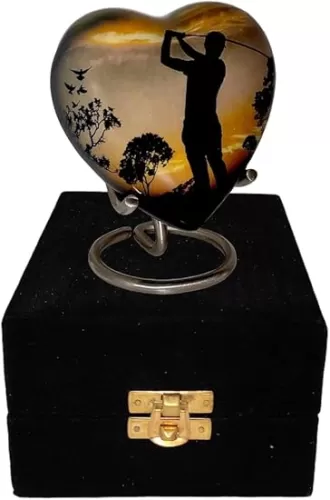 Classic Heart Shape Keepsake Aluminum Urn for Human Ashes – with Box and Stand - Peaceful Golfer Design 7 cms high Handmade Product for Tribute Your Love Once Dimension 7x7x3.5 cms