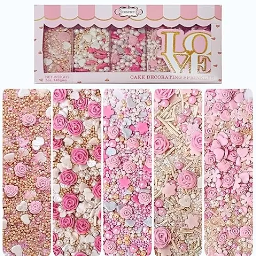 Confect Pink Mini Roses I Silver Hearts & Vermcelli and White Pearls | Anniversary Sprinkles | Sprinkles for Baking & Cake Decorative | Edible sprinkles - Vegan, Gluten-Free, Nut-Free, Soy-Free, Dairy-Free , Handcrafted Sprinkle 5 Oz
