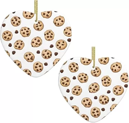 Cookies Food Chocolate Chip Biscuits Print Christmas Tree Ceramic Hanging Heart Shaped Christmas Tree Pendants Family Gatherings Holiday Party Decor.