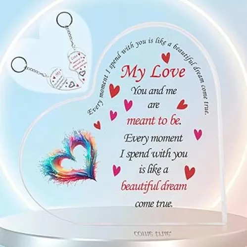 Couple Gifts, Valentines Day Gifts for Wife Husband Boyfriend Girlfriend Acrylic Heart-shaped Plaque with Two Keychain Base Birthday Anniversary Desk Decor Acrylic Sign