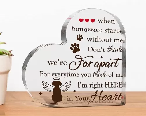Creoate Dog Memorial Sign for Table, Heart Shaped Acrylic, 6.3 x 6.3 x 0.7 inches, Pet Memorial, Sentimental, Clear