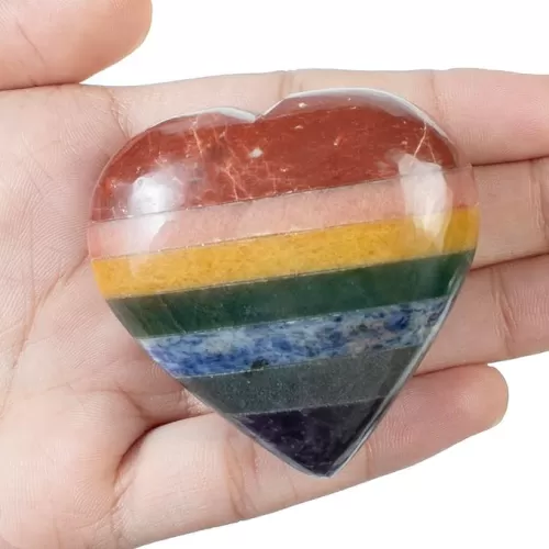 Crocon Seven Chakra Gemstone Heart Hand Carved Puff Stones Pocket Crystal Healing Tumble Collection Good Luck Palm Stone Charm Gift Craft Home Decor Size: 2 inch