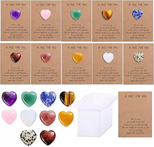 CrystalTears 40pcs Crystals Heart Stones Bulk with Gifts Cards Pocket Hug Token Gifts Natural Love Heart Shape Healing Crystal Gemstones Inspirational Gifts for Women Friends Families Valentine’s Day